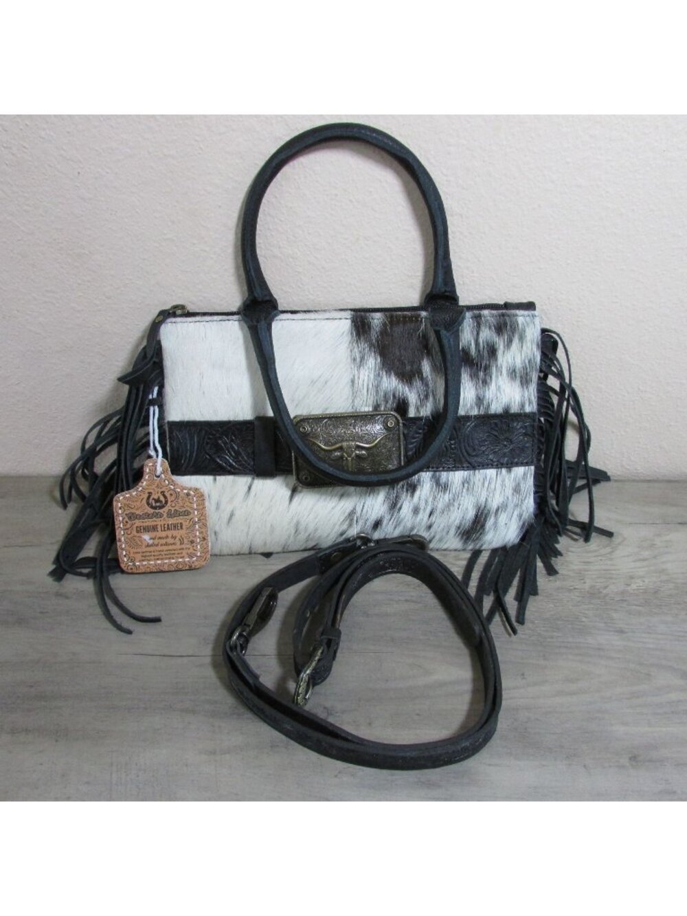 Cowhide & Leather Fringe with Buckle Accent Crossbody Bag Purse Black